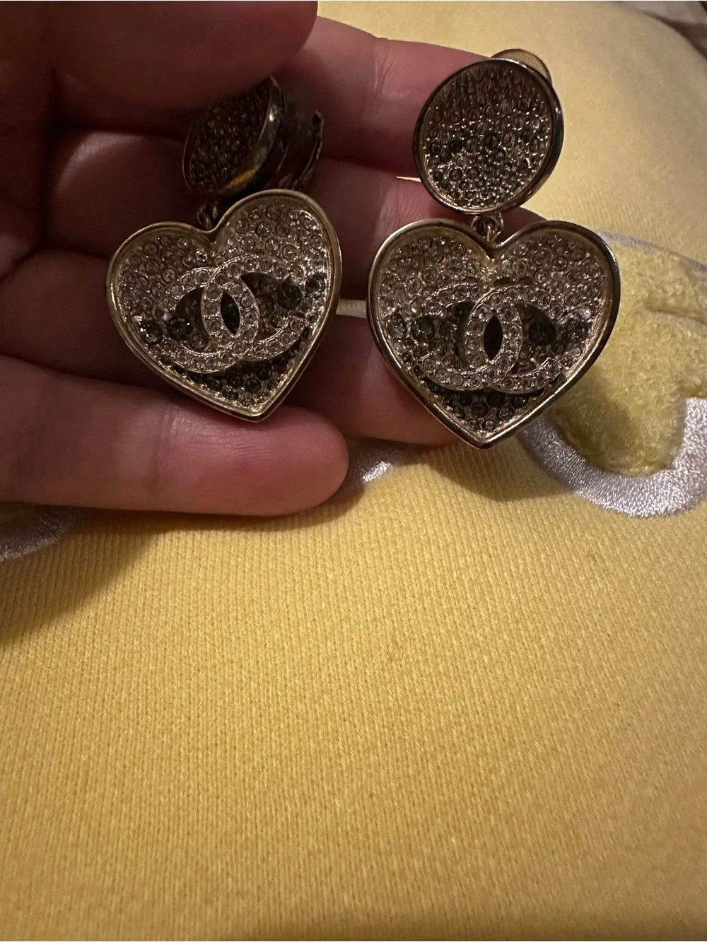 CHANEL Gold-Tone Crystal Heart Drop Earrings with CC Motif
